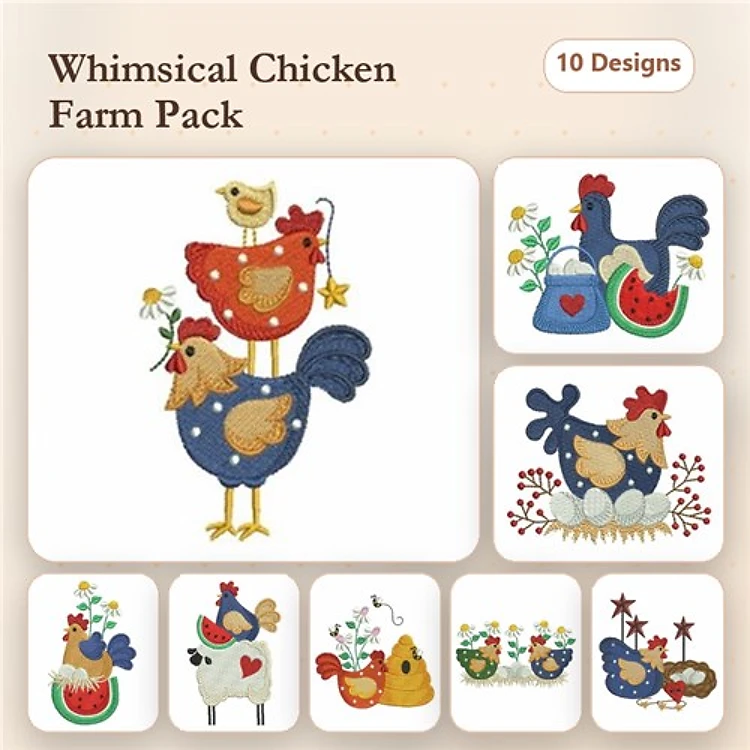 Farm Animal Embroidery Bundle – Whimsical Chickens, Rooster with Watermelon, Hen with Basket & More (10 Designs)