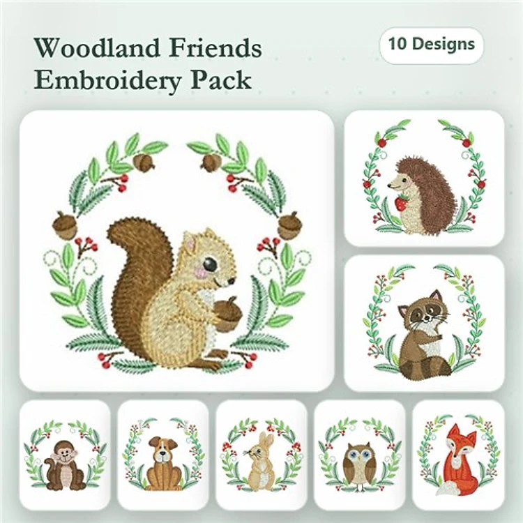 Woodland Animals Embroidery Bundle – Squirrel with Acorns, Hedgehog with Flowers, Raccoon among Leaves & More (10 Designs)