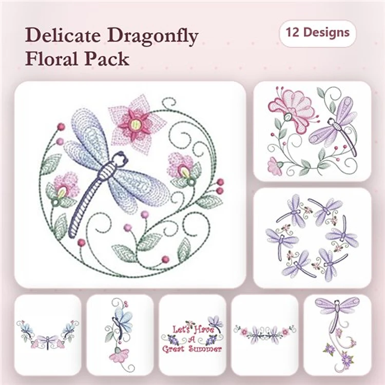 Rippled Dragonfly & Floral Embroidery Designs Bundle – Delicate Dragonfly, Floral Banner, Two Dragonflies & More (12 Designs)