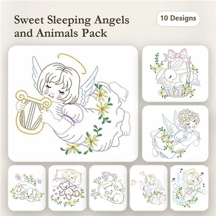 Redwork Angels & Sleeping Animals Embroidery Bundle – Sleeping Angel with Harp, Bunny in Basket, & More (10 Designs)