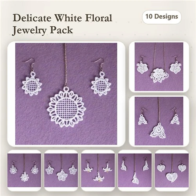 FSL Floral Jewelry Embroidery Bundle – Floral Earrings, Sunflower Charm, Lace Flower Pendant & More (10 Designs)