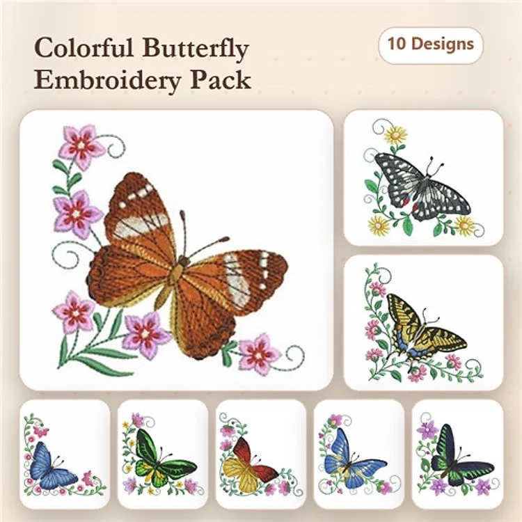 Colorful Butterflies Embroidery Designs Bundle – Monarch, Blue, Red, & More (10 Designs)
