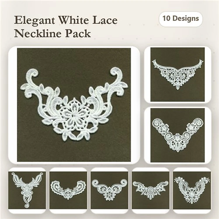FSL Elegant White Lace Necklines Embroidery Designs Bundle – Floral Center, Curved, Scalloped & More (10 Designs)
