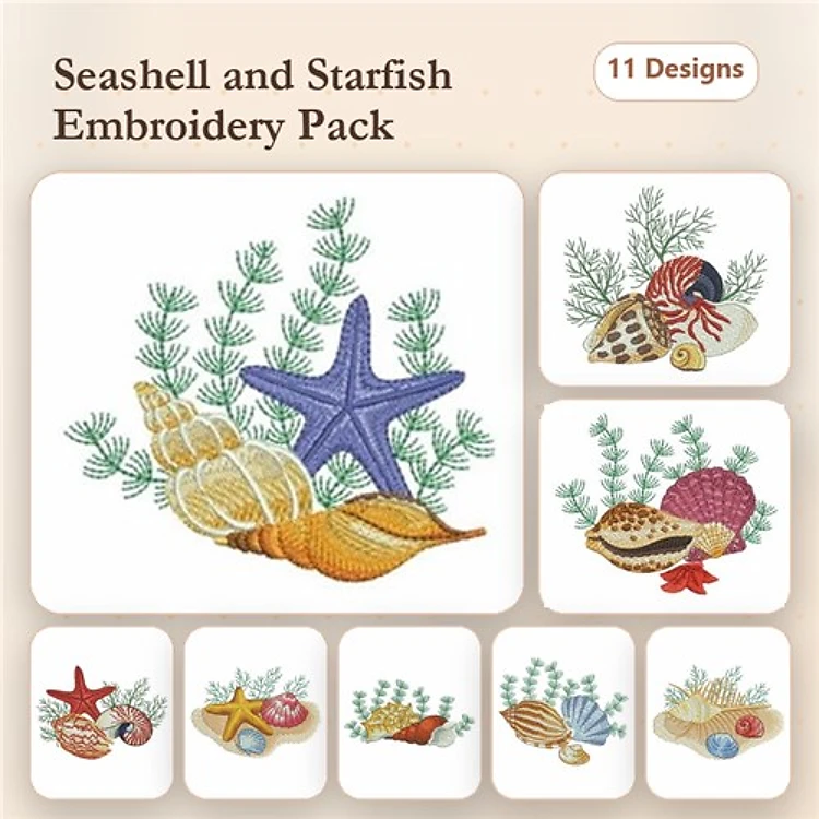 Seashells and Starfish Embroidery Designs Bundle – Purple Starfish, Scallop Shell, Sea Urchin & More (11 Designs)