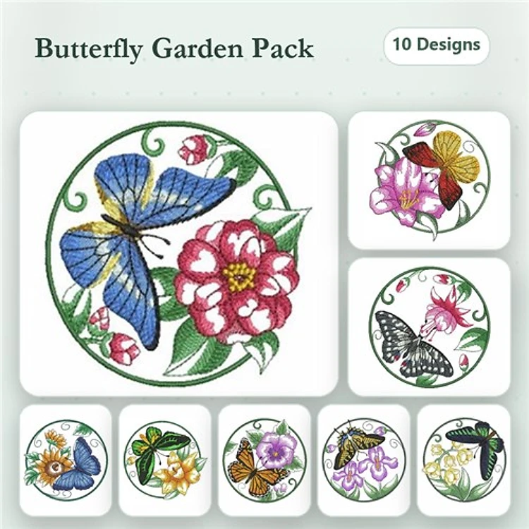 Butterfly & Floral Embroidery Designs Bundle – Blue Butterfly with Flowers, Red Floral Arrangement & More (10 Designs)