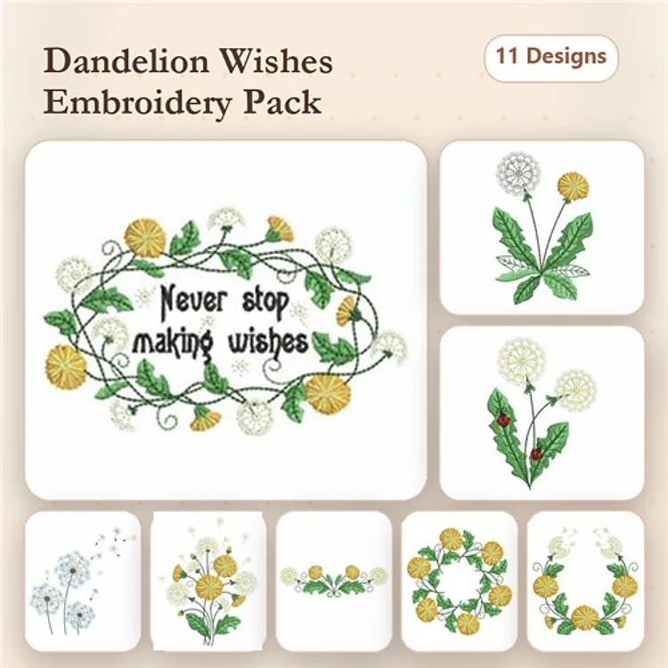 Dandelion Embroidery Bundle – Dandelion Wishes Text, Dandelion Bouquet, Dandelion with Leaves & More (11 Designs)