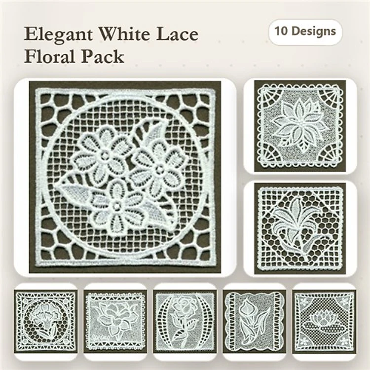 FSL Floral Lace Embroidery Designs Bundle – Floral Lace Panel, Ornamental Lace Flower, & More (10 Designs)