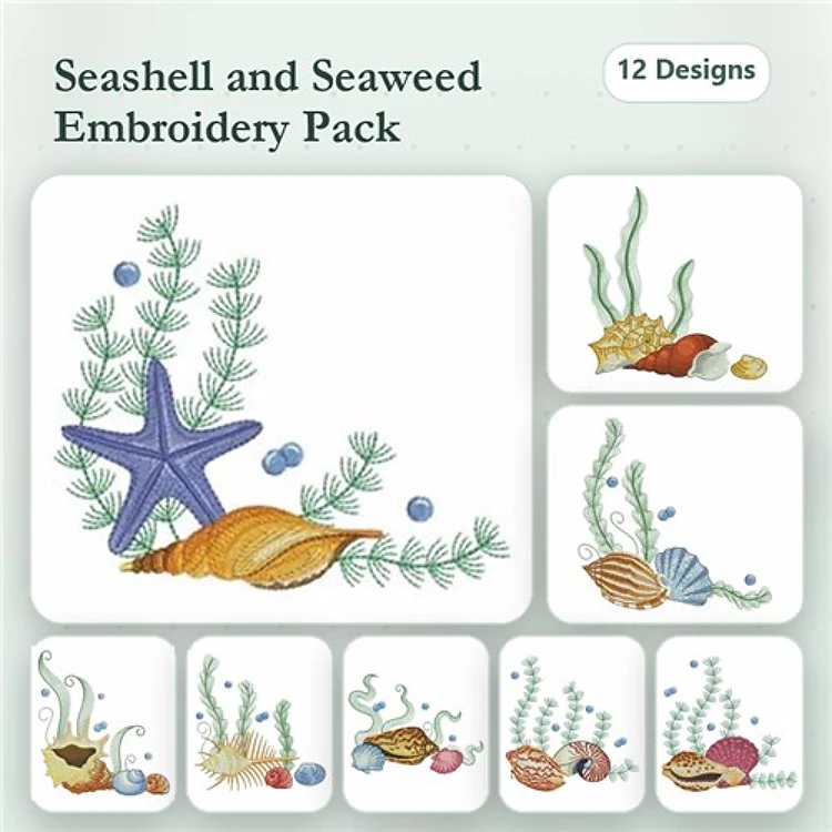 Seashells & Seaweed Embroidery Designs Bundle – Starfish, Conch Shell, Shells with Bubble & More (12 Designs)