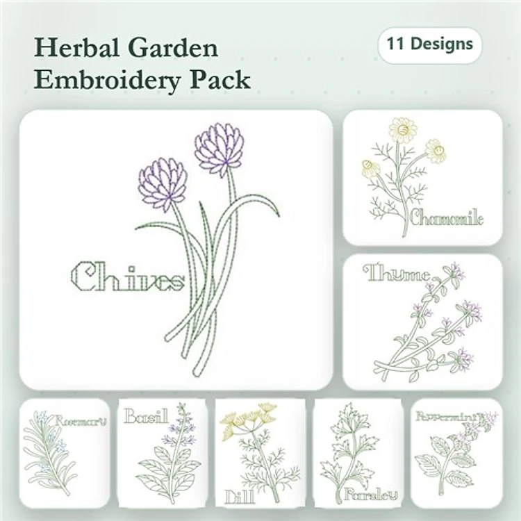 Herbal Garden Plants Embroidery Designs Bundle – Chives, Chamomile, Thyme & More (11 Designs)