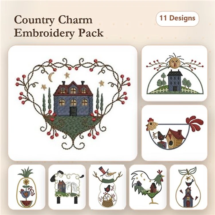 Country-themed Embroidery Designs Bundle – Country House in Heart, Rooster with Flowers, Chick in Egg & More (11 Designs)