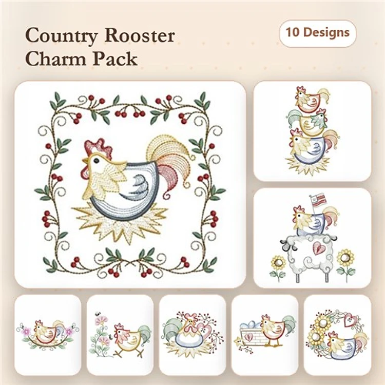 Rippled Country Rooster Embroidery Designs Bundle – Rooster in Bowl, Rooster with Flowers, Chickens in Basket & More (10 Designs)