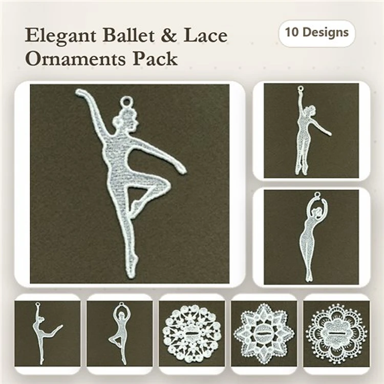 FSL Ballet and Lace Ornaments Embroidery Bundle – Ballet Dancer Ornament, Lace Doily, Dancer Silhouette & More (10 Designs)