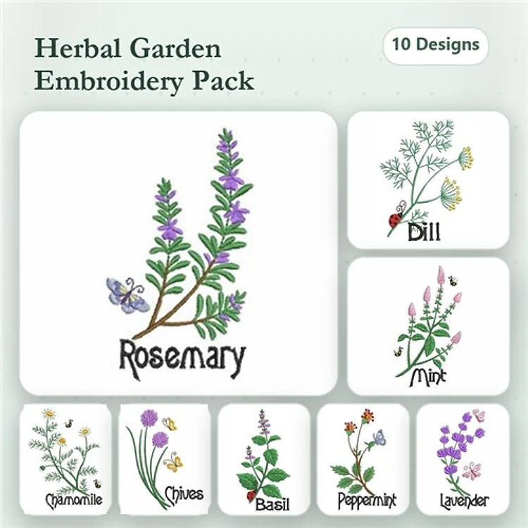Herbal Garden Embroidery Designs Bundle – Rosemary, Dill, Chamomile, Lavender & More (10 Designs)