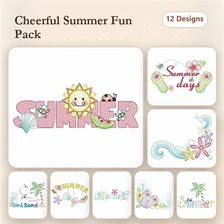 Cheerful Summer Embroidery Designs Bundle – Summer Title with Sun and Ladybug, Sun with Ice Cream, Beach Ball Design & More (12 Designs)
