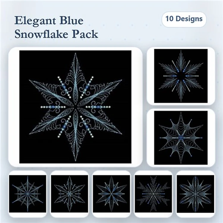 Rippled Elegant Blue Snowflake Embroidery Designs Bundle – With Beads, Swirls, Dots & More (10 Designs)