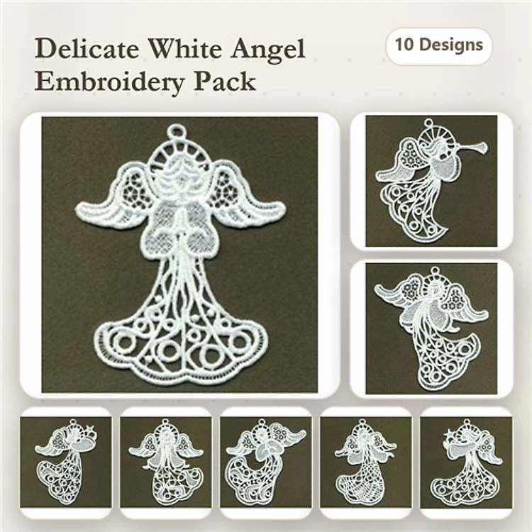 FSL Delicate White Angels Embroidery Designs Bundle – Angel with Wings, Angel with Halo, Sitting Angel & More (10 Designs)