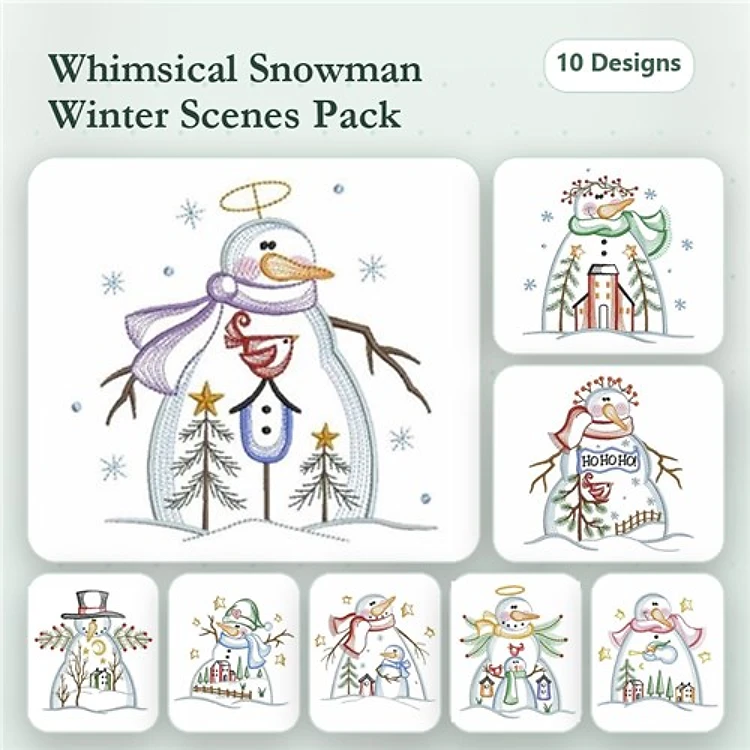 Rippled Whimsical Snowman Embroidery Designs Bundle – Snowman with Angel Halo, Tree and Stars, Gift & More (10 Designs)
