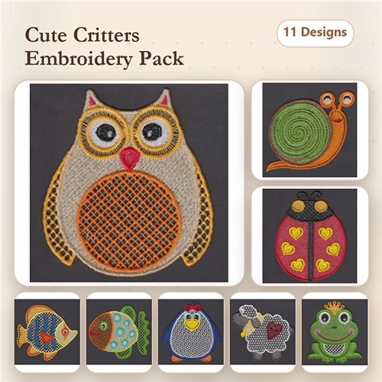 FSL Cute Animals Embroidery Designs Bundle – Owl, Snail, Ladybug & More (11 Designs)