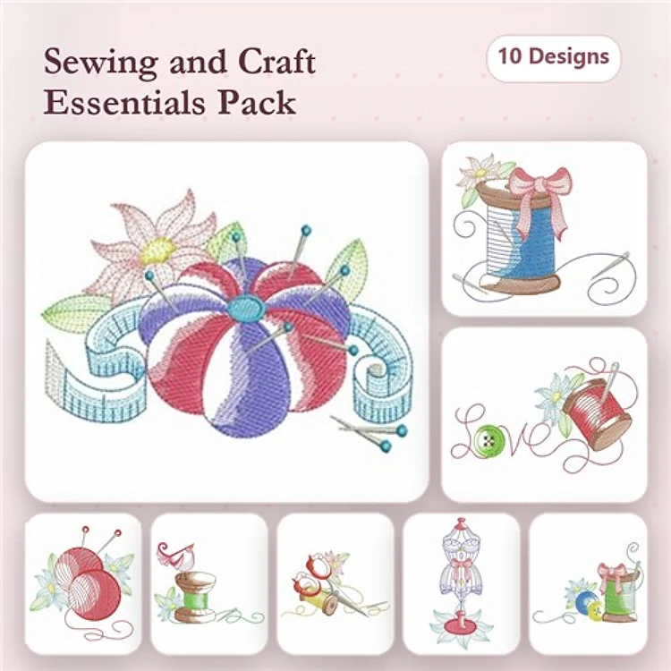 Rippled Sewing and Craft Essentials Embroidery Bundle – Pin Cushion with Flowers, Spool of Thread & More (10 Designs)