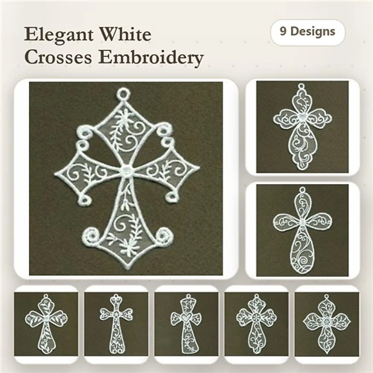 FSL Elegant White Crosses Embroidery Bundle – Ornate Cross with Swirls, Floral Cross with Curves & More (9 Designs)