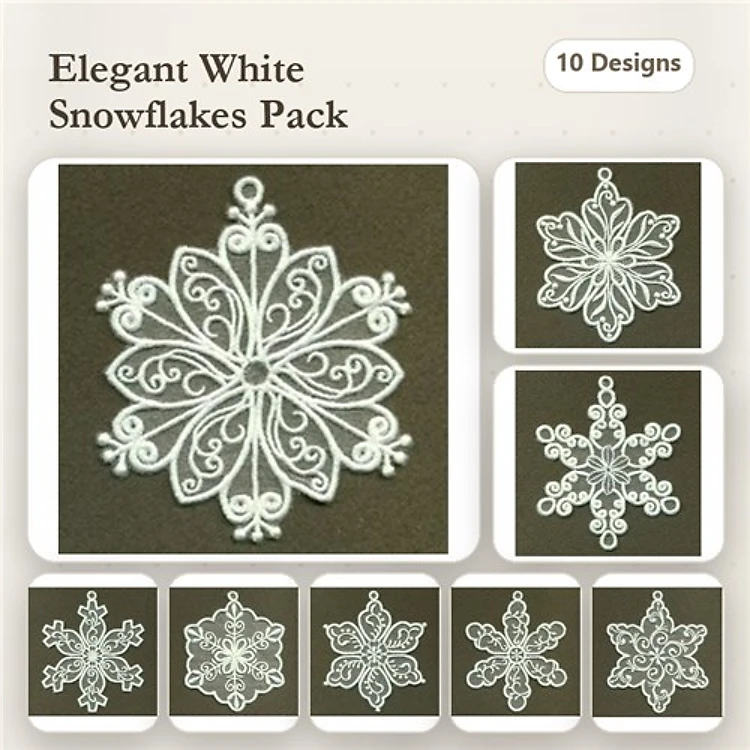 FSL Elegant Snowflake Embroidery Bundle – Intricate Snowflake Ornament, Lace Floral Patterns & More (10 Designs)