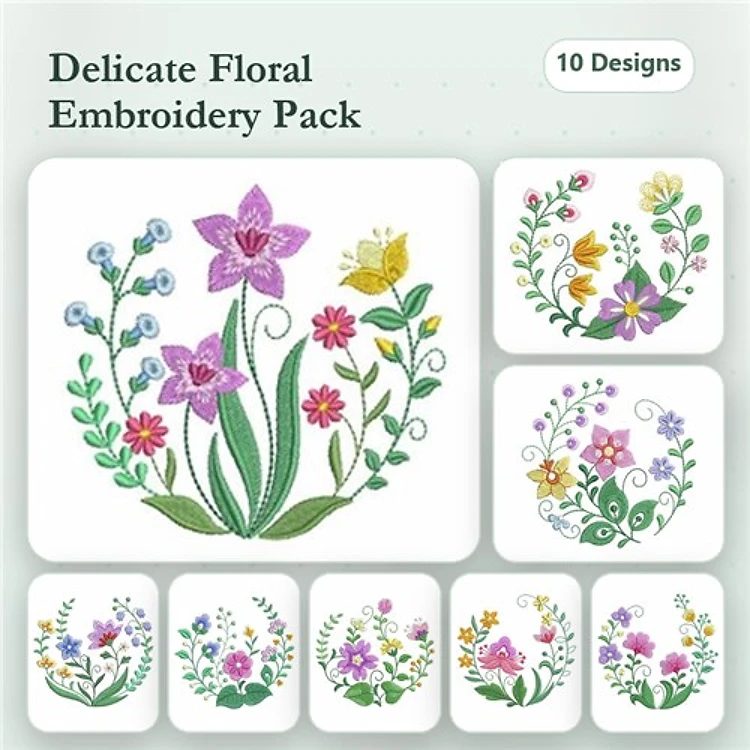 Floral Embroidery Designs Bundle – Purple Flower Arrangement, Yellow Butterfly with Flowers, & More (10 Designs)