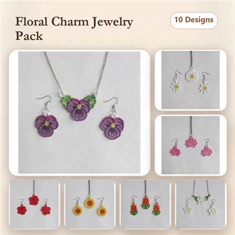 FSL Floral Jewelry Embroidery Designs Bundle – Purple Floral Charm, Pink Floral Charm, Green Leaf Charm & More (10 Designs)