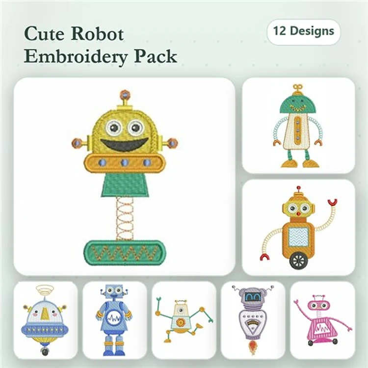 Cute Robot Embroidery Designs Bundle – Smiling Robot, Rocket Robot, Wavy Robot & More (12 Designs)