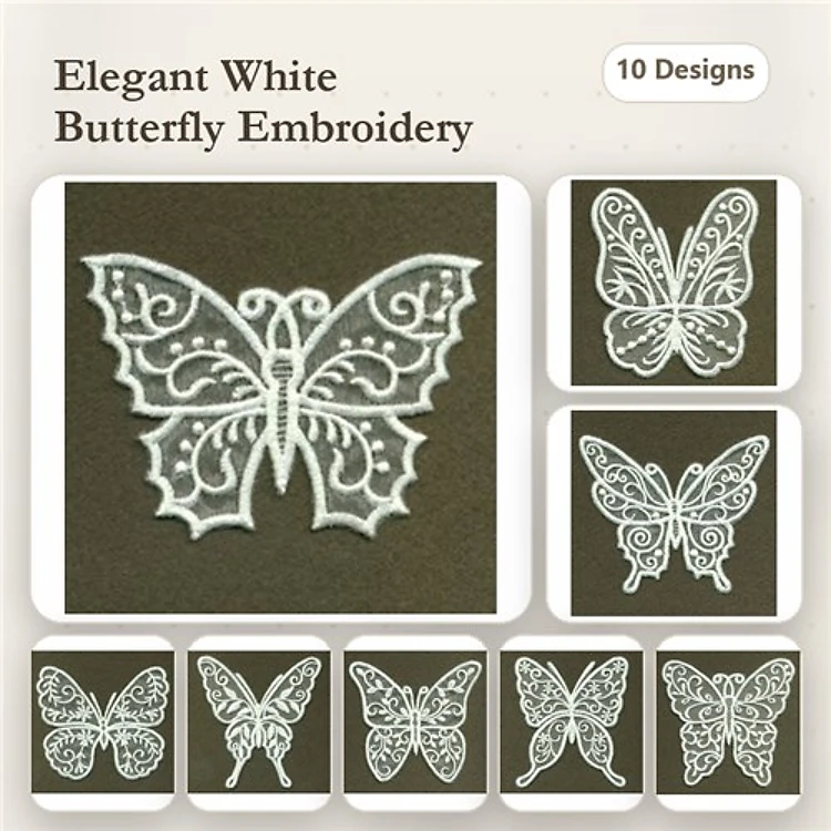FSL Elegant White Butterfly Embroidery Bundle – Butterfly Design 1, Butterfly Design 2, Butterfly Design 3 & More (10 Designs)