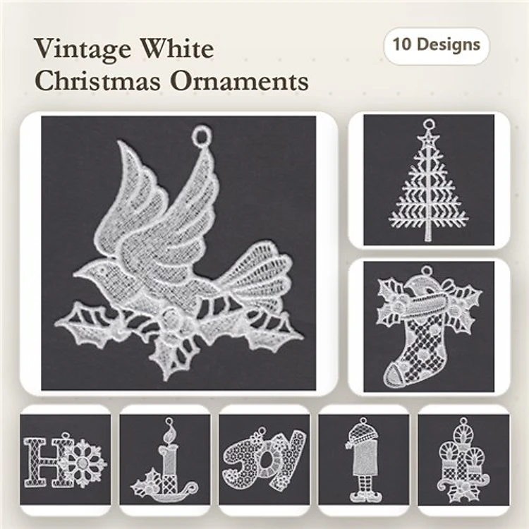 FSL Vintage Christmas Ornaments Embroidery Designs Bundle – Bird, Tree, Stocking & More (10 Designs)