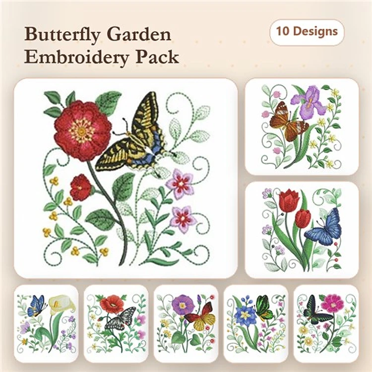 Butterfly & Flower Embroidery Designs Bundle – Swallowtail with Flowers, Purple Butterfly, Tulip Bouquet & More (10 Designs)
