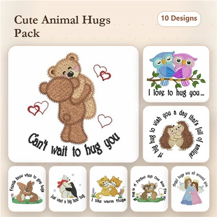 Cute Animal Hugs Embroidery Designs Bundle – Hugging Bear, Hugging Owls, Hugging Dog & More (10 Designs)
