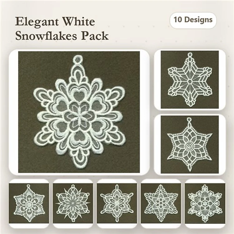 FSL Elegant Snowflakes Embroidery Designs Bundle – Heart Snowflake, Ornate Lace Snowflake, Delicate Snowflake & More (10 Designs)