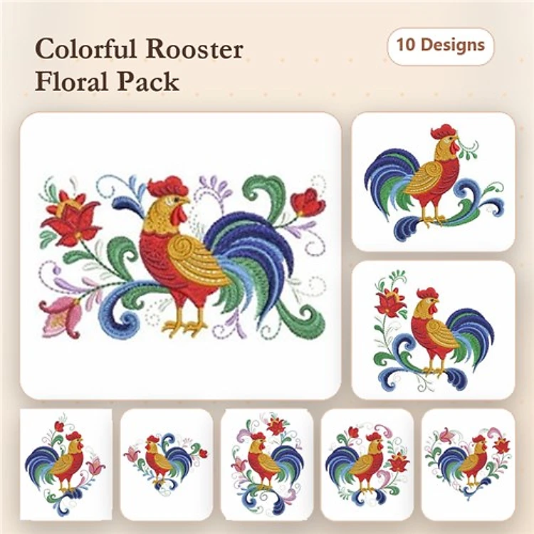 Colorful Rooster Embroidery Bundle – Rooster with Flowers, Rooster with Floral Swirls, Floral Heart Rooster & More (10 Designs)