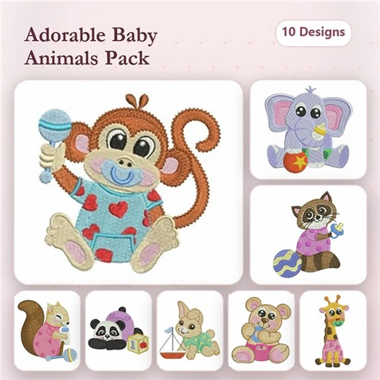 Adorable Baby Animals Embroidery Designs Bundle – Monkey with Lollipop, Elephant with Ball, Raccoon with Egg & More (10 Designs)