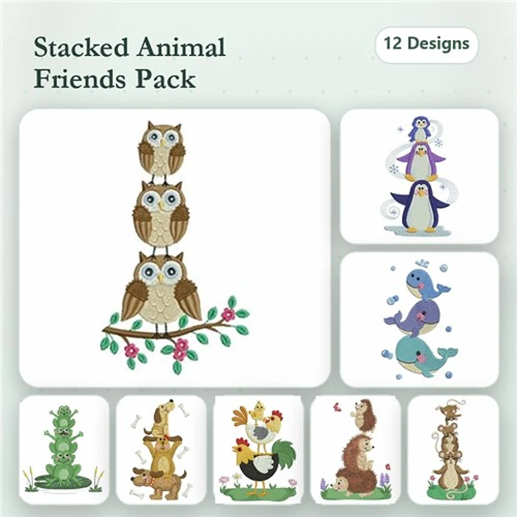 Stacked Animal Embroidery Bundle – Fun and Whimsical Designs (12 Designs)