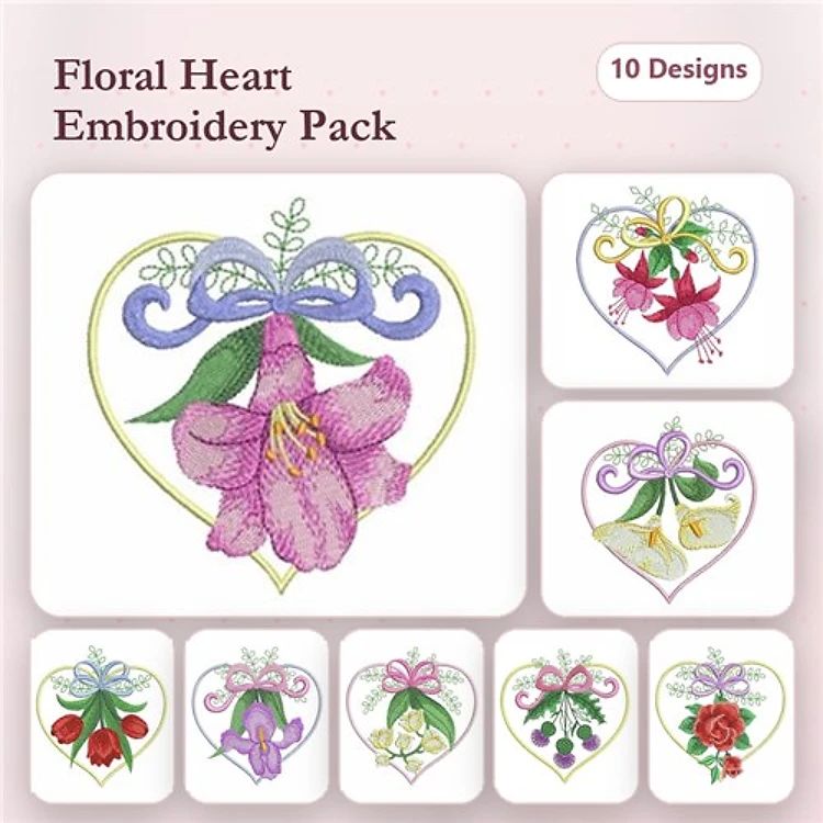 Floral Heart Embroidery Designs Bundle – Floral Heart with Lily, Orchid, Roses & More (10 Designs)