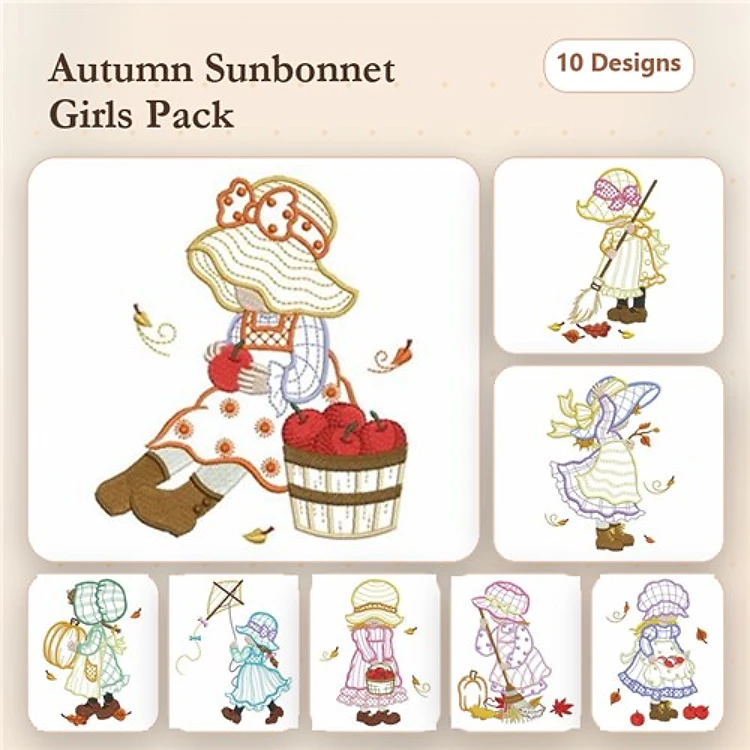 Autumn Sunbonnet Girls Embroidery Designs Bundle – Harvesting, Raking Leaves, Picking Apples & More (10 Designs)