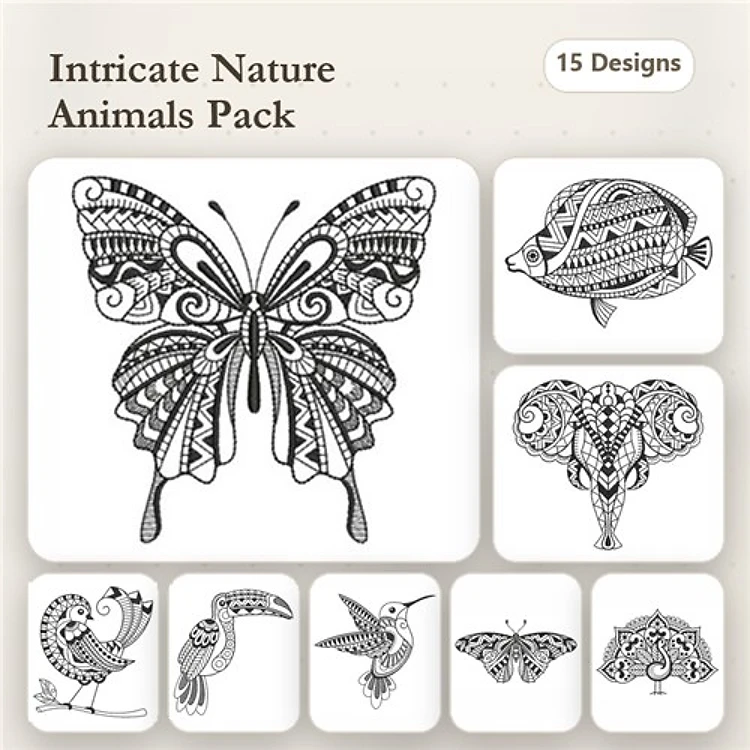 Redwork Intricate Animal Embroidery Bundle – Butterfly, Elephant, Fish & More (15 Designs)