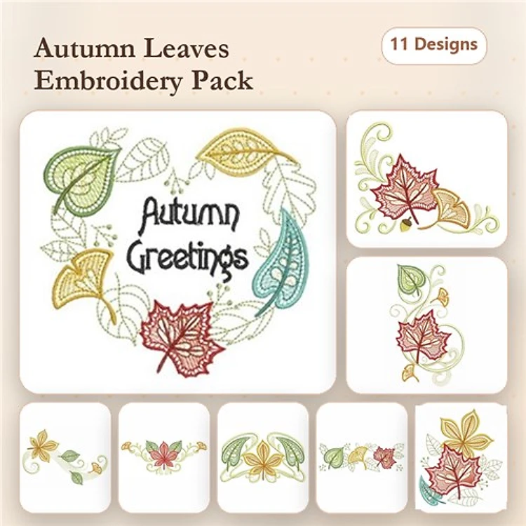 Autumn Leaves Embroidery Designs Bundle – Autumn Greetings, Maple Leaf, Green Leaf & More (11 Designs)