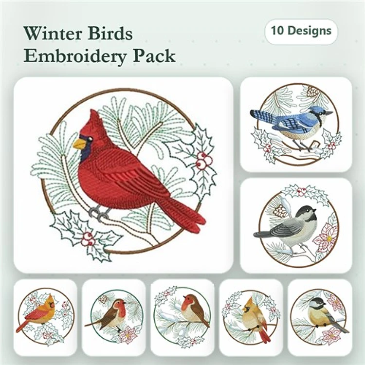 Winter Birds Embroidery Designs Bundle – Cardinal, Blue Jay, Chickadee & More (10 Designs)