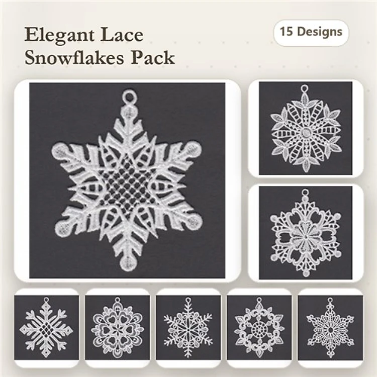 FSL Elegant Lace Snowflakes Embroidery Designs Bundle – Snowflake Ornament 1, Snowflake Ornament 2, Snowflake Ornament 3 & More (15 Designs)