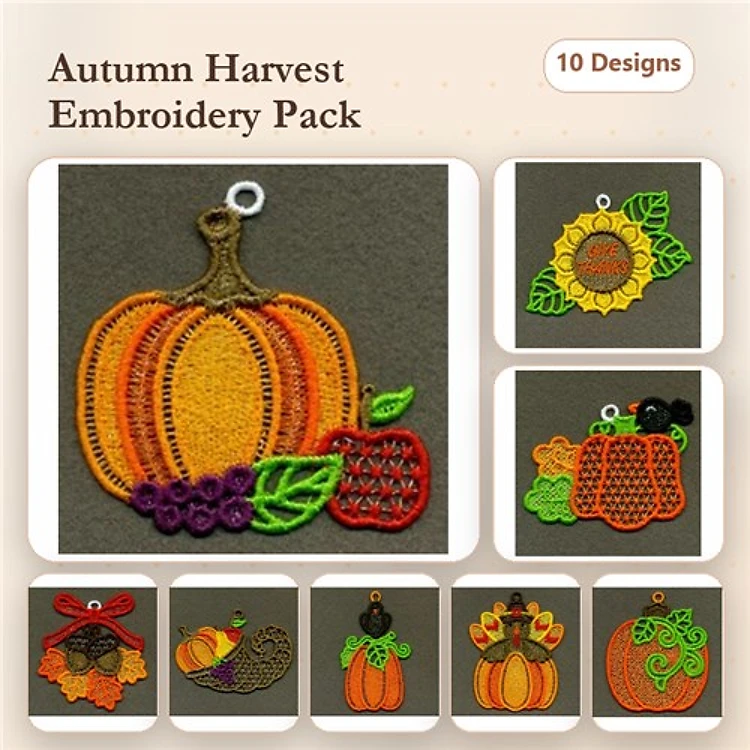 FSL Autumn Harvest Embroidery Designs Bundle – Pumpkin, Sunflower, Apple & More (10 Designs)