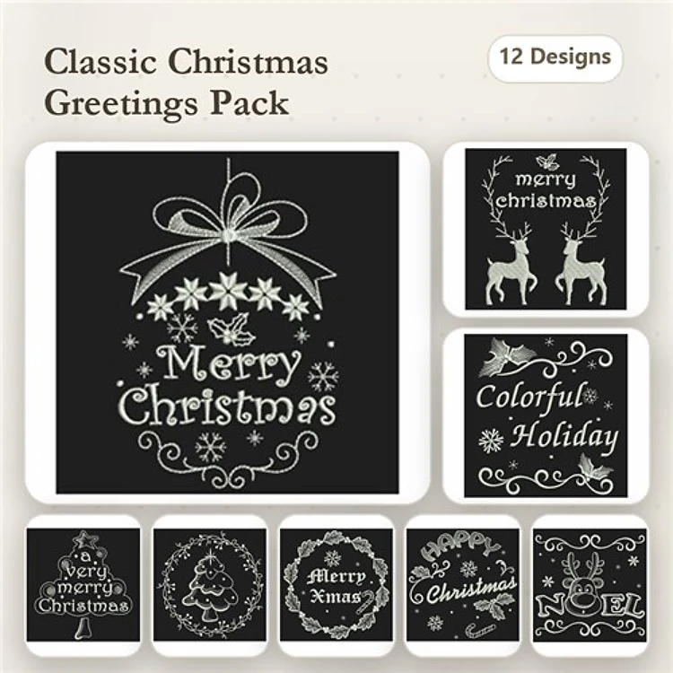 Christmas Greetings Embroidery Designs Bundle – Merry Christmas Ornament, Christmas Tree Design, Merry Christmas Reindeer & More (12 Designs)