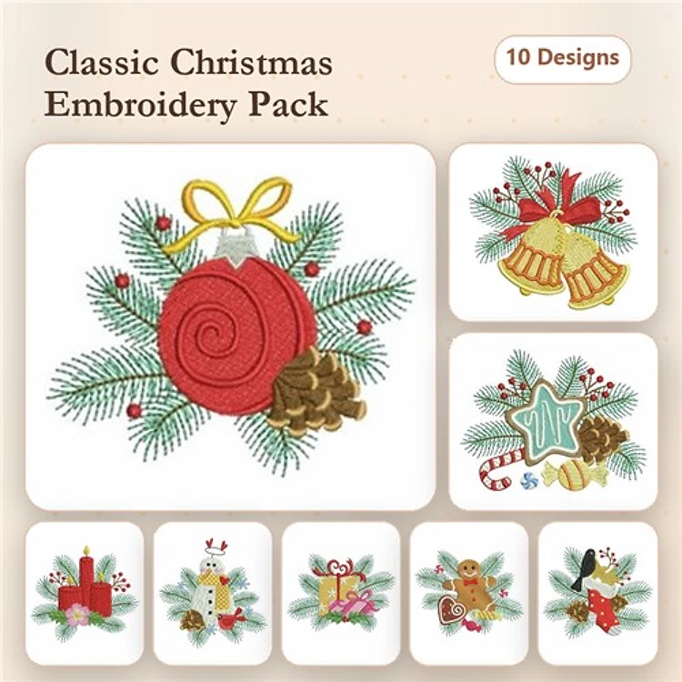 Christmas Ornament & Bells Embroidery Designs Bundle – Candy Cane, Star Cookie, Red Candle & More (10 Designs)