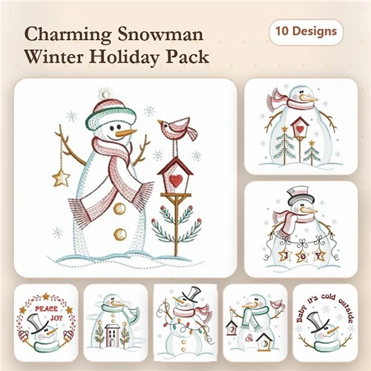 Snowman Winter Holiday Embroidery Designs Bundle – Snowman with Bird, Snowman with Heart, Snowman with Tree & More (10 Designs)