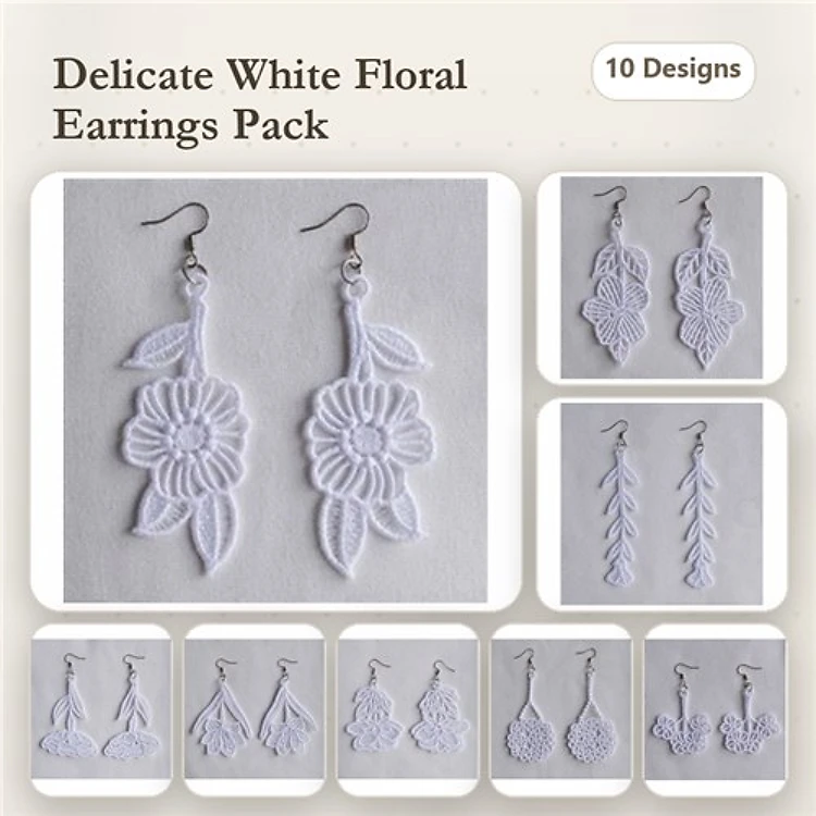 FSL Floral Earrings Embroidery Designs Bundle – Floral Lace, Leaf Lace, Dangling Flower & More (10 Designs)