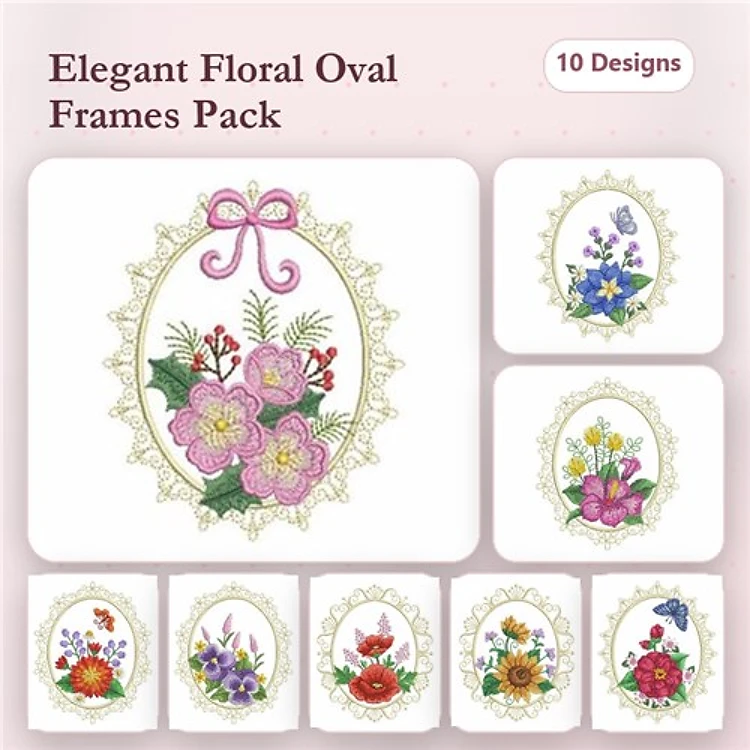 Floral Oval Frames Embroidery Designs Bundle – Pink, Blue, Yellow, Red & More (10 Designs)