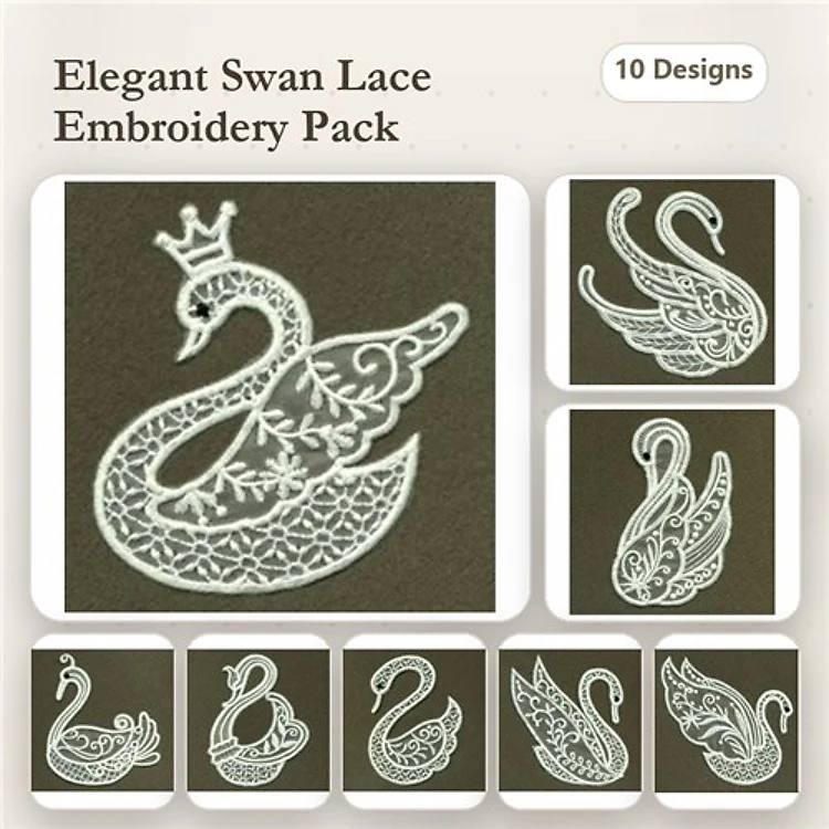 FSL Lace Swan Embroidery Bundle – Swan with Crown, Ornamental Swan, Elegant Lace Swan & More (10 Designs)