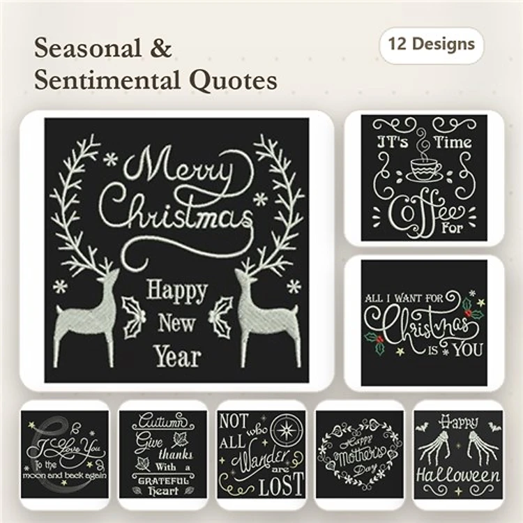 Seasonal and Sentimental Quotes Embroidery Designs Bundle – Merry Christmas Happy New Year, Coffee Quote, Halloween & More (12 Designs)